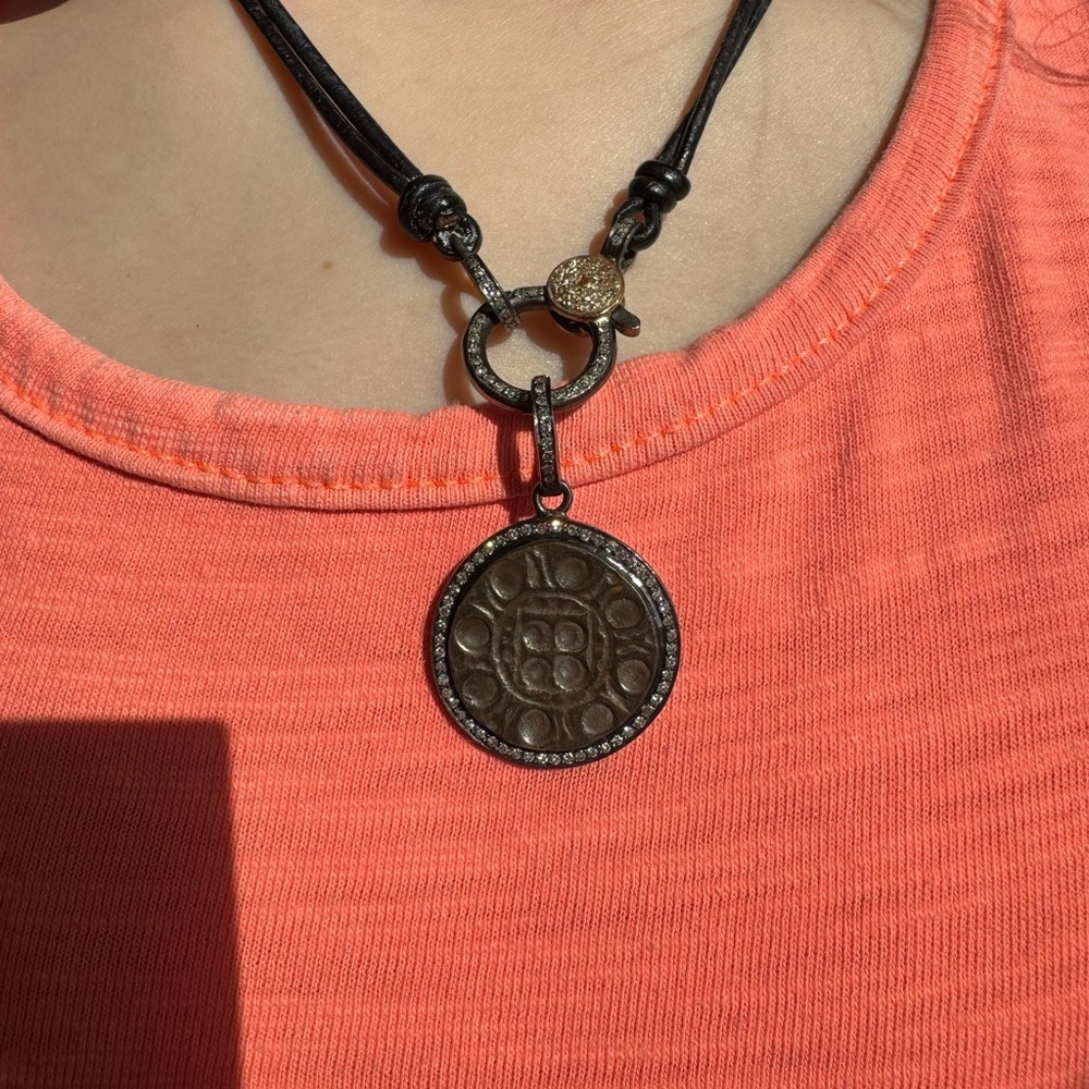 14k Gold, Sterling Silver, Natural Diamond, leather Chord Necklace - Picture 9 of 10